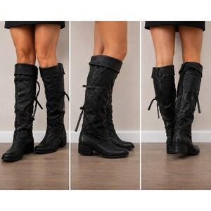 Colin Stuart Boots Womens 9B Black Leather Wrap Tie Detail Knee-High Block Heel